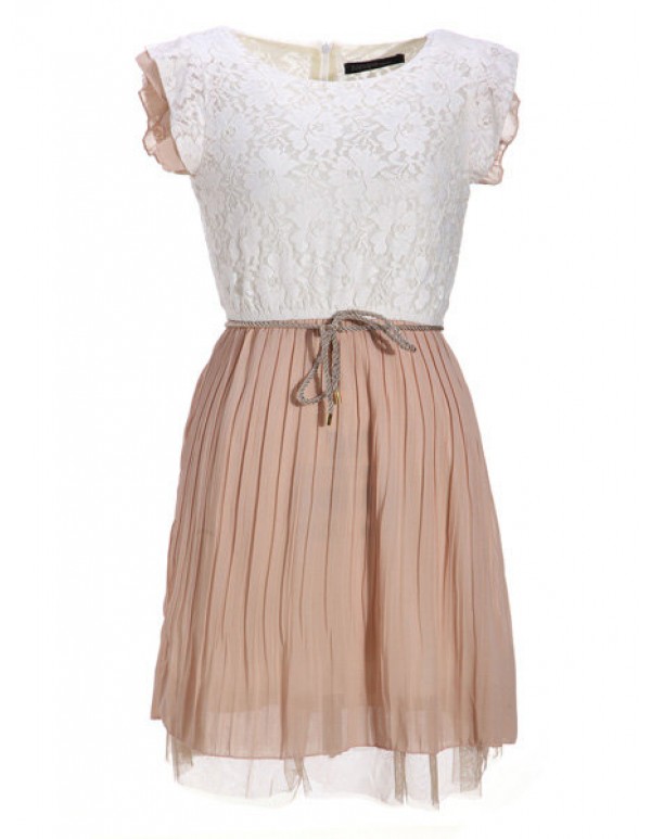 Women's Beige Lace Dress Sleeveless Pleated Vest Waist Mini Dress