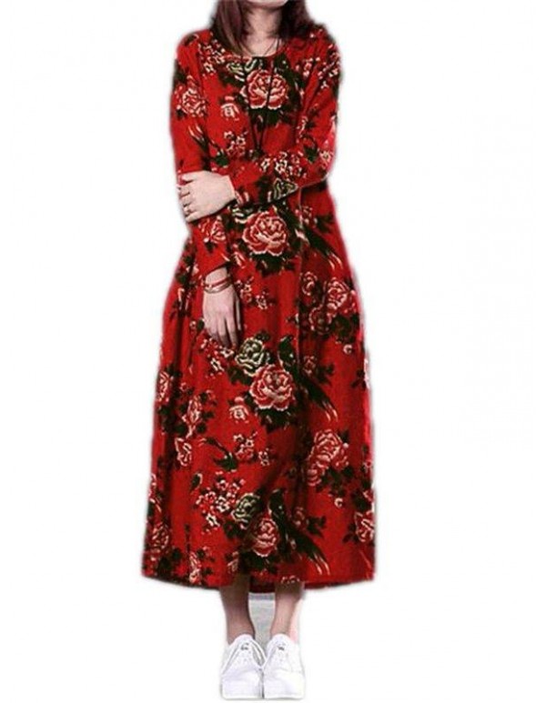 Women Floral Print Long Sleeve Loose Casual Dress