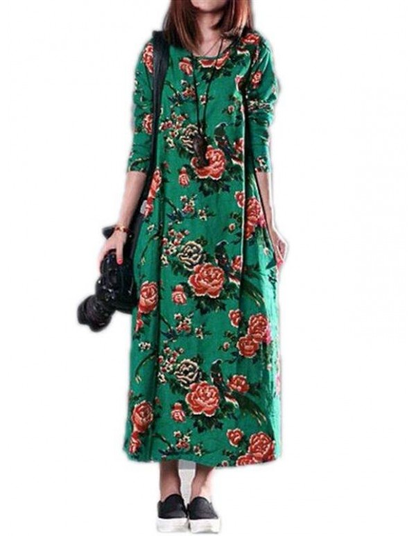 Women Floral Print Long Sleeve Loose Casual Dress