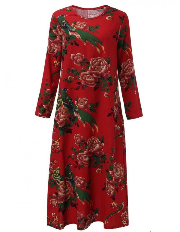 Women Floral Print Long Sleeve Loose Casual Dress