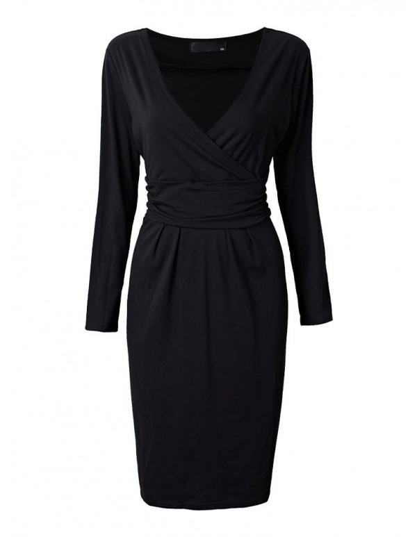 Elegant Office Lady Black V Neck Pleats Bodycon Work Dress