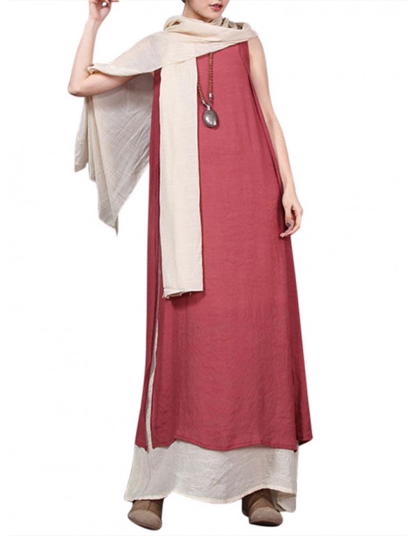 Vintage Women Sleeveless Fake Two-piece Maxi Dress With Scarf