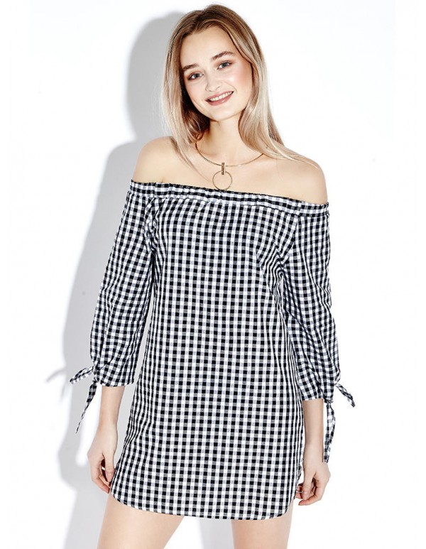 Sexy Plaid Off Shoulder 3/4 Sleeve Loose Women Mini Dress