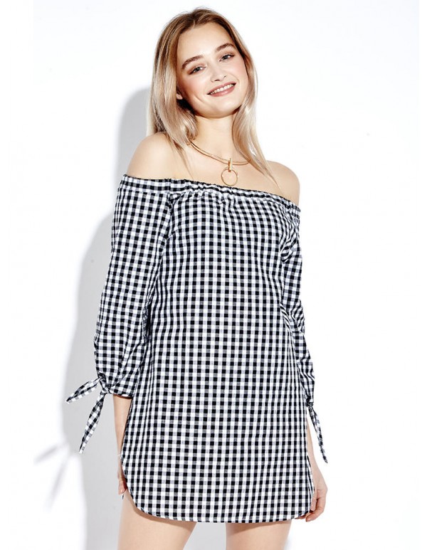 Sexy Plaid Off Shoulder 3/4 Sleeve Loose Women Mini Dress