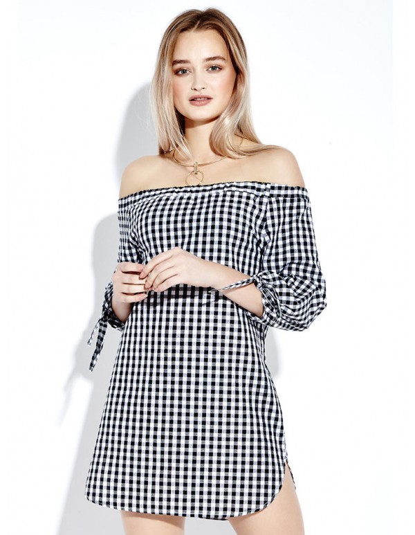 Sexy Plaid Off Shoulder 3/4 Sleeve Loose Women Mini Dress