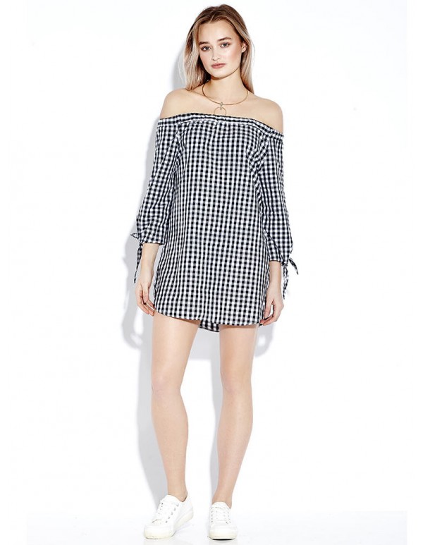 Sexy Plaid Off Shoulder 3/4 Sleeve Loose Women Mini Dress