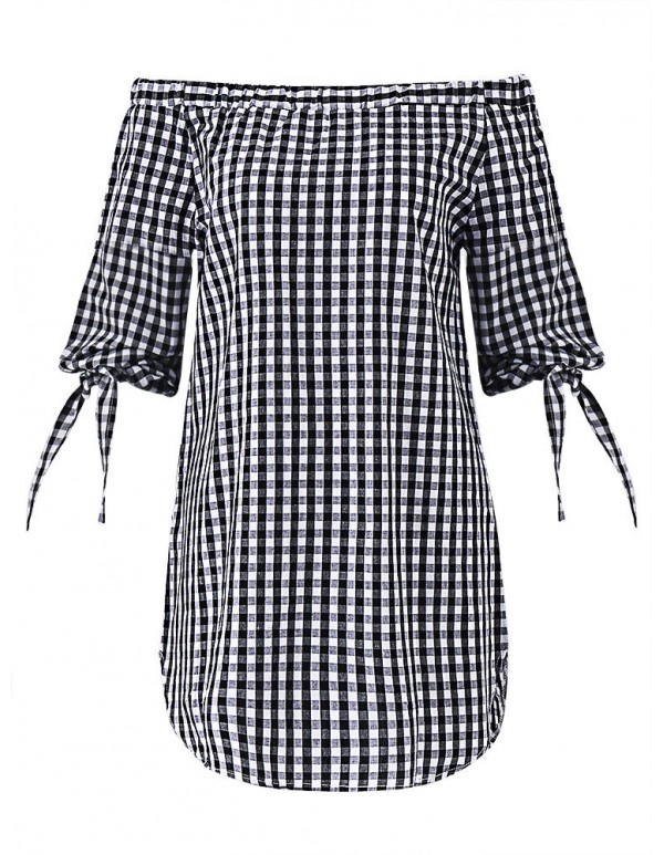 Sexy Plaid Off Shoulder 3/4 Sleeve Loose Women Mini Dress