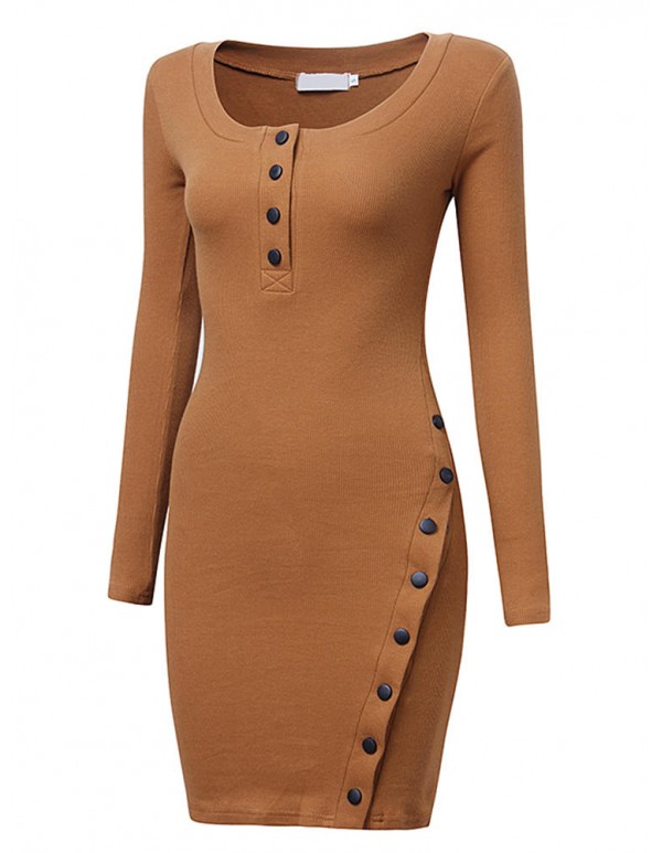 Sexy Bodycorn Button Split Long Sleeve Work Women Sweater Dress