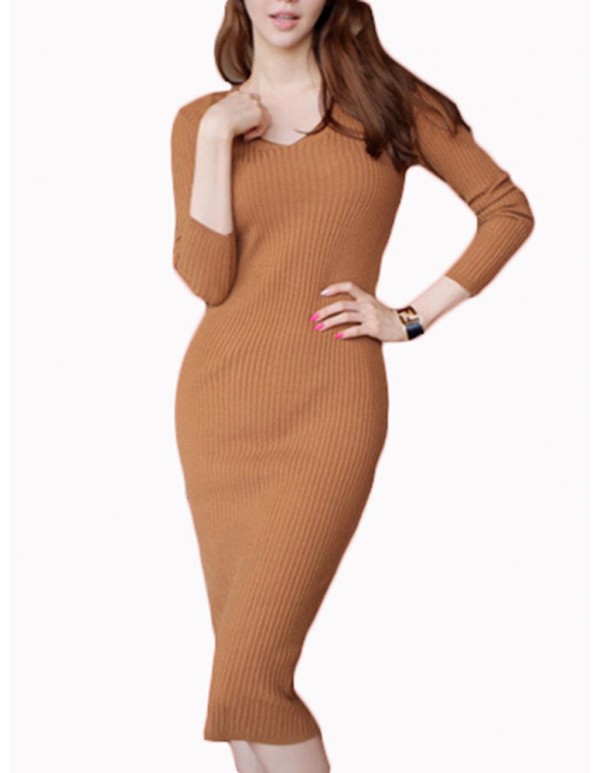 Sexy Knit V-Neck Long Sleeve Bodycorn Work Women Sweater Dress