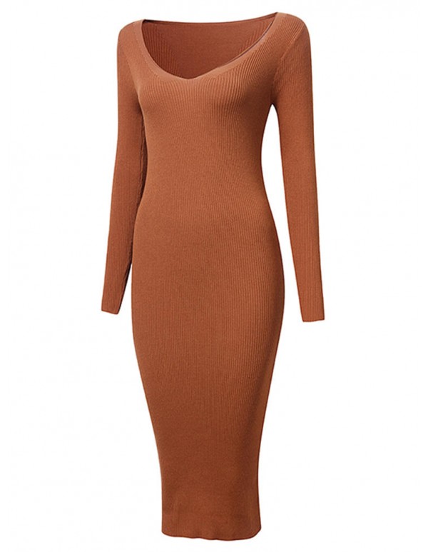 Sexy Knit V-Neck Long Sleeve Bodycorn Work Women Sweater Dress