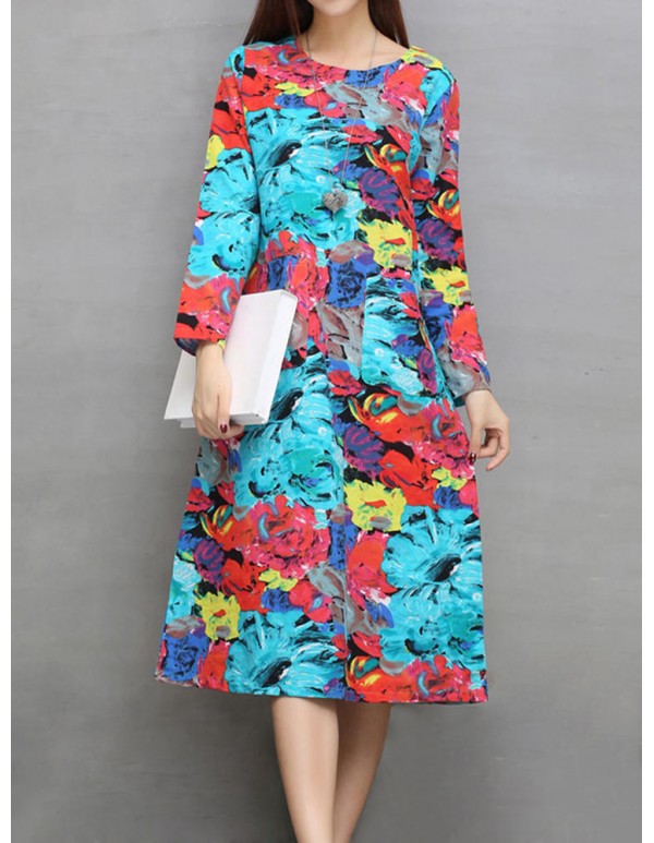 Ethnic Pocket Floral Print Long Sleeve Women Dress