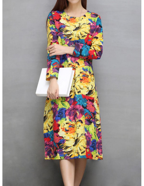 Ethnic Pocket Floral Print Long Sleeve Women Dress