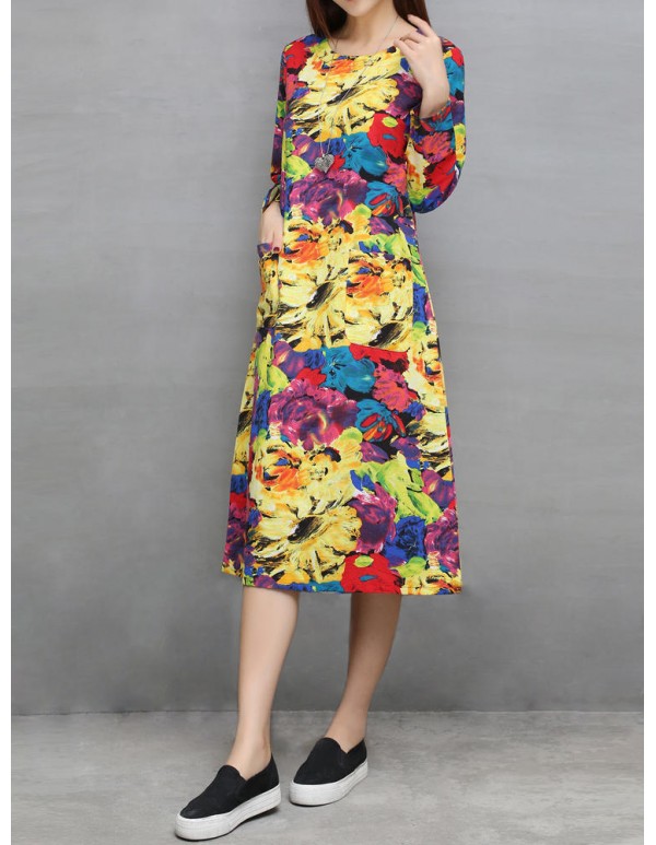 Ethnic Pocket Floral Print Long Sleeve Women Dress