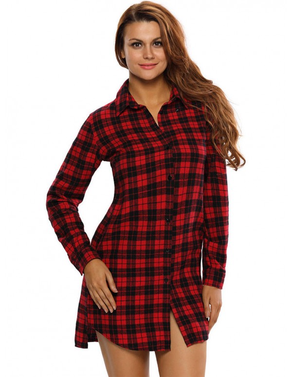 Sexy Women Plaid Button Long Sleeve Turn-down Collar Mini Shirt Dress