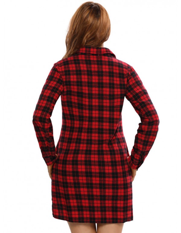 Sexy Women Plaid Button Long Sleeve Turn-down Collar Mini Shirt Dress