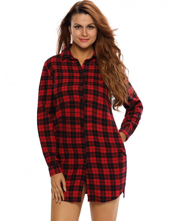 Sexy Women Plaid Button Long Sleeve Turn-down Collar Mini Shirt Dress