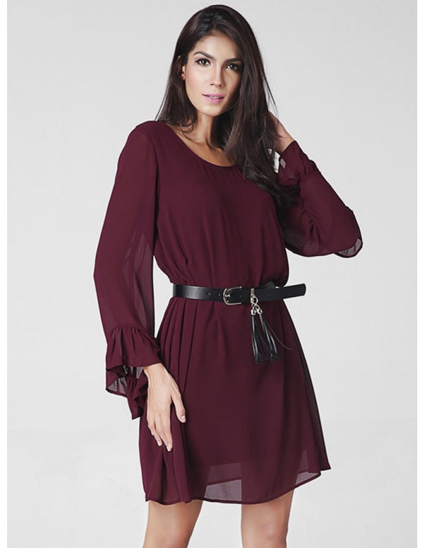 Women Casual Long Sleeve Sexy Backless Pure Color Chiffon Mini Dress