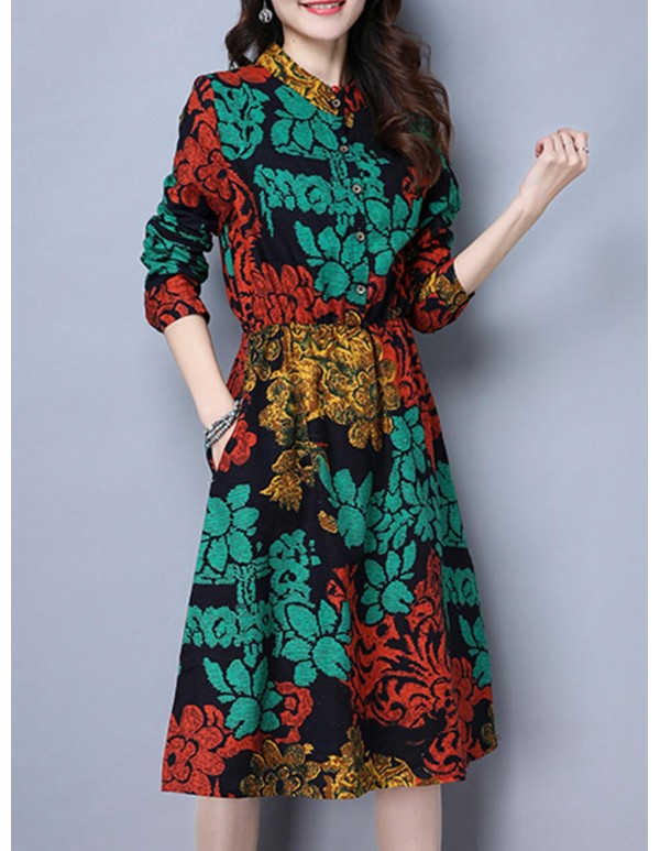 Vintage Women Plus Size Floral Print Stand Collar Long Sleeve Dress