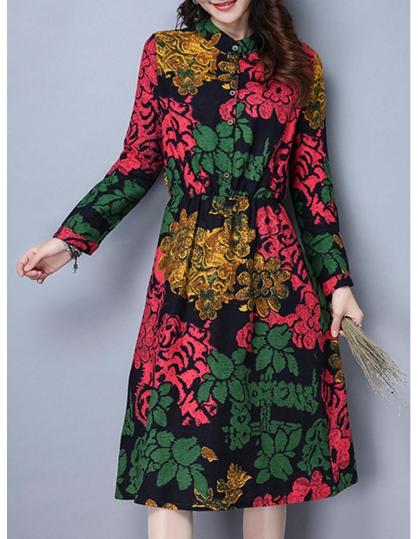 Vintage Women Plus Size Floral Print Stand Collar Long Sleeve Dress