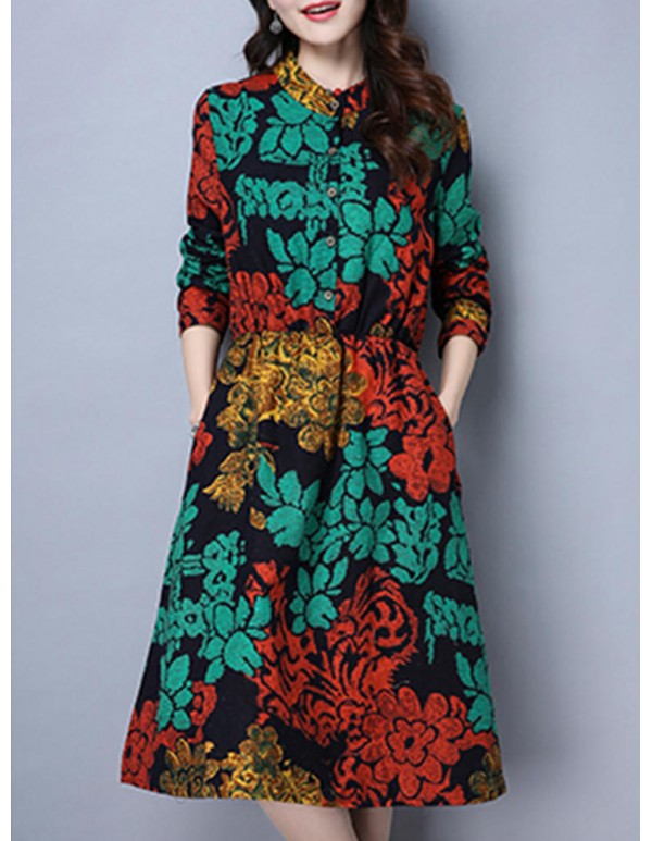 Vintage Women Plus Size Floral Print Stand Collar Long Sleeve Dress