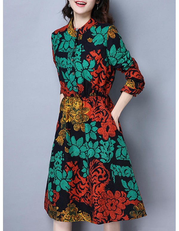 Vintage Women Plus Size Floral Print Stand Collar Long Sleeve Dress