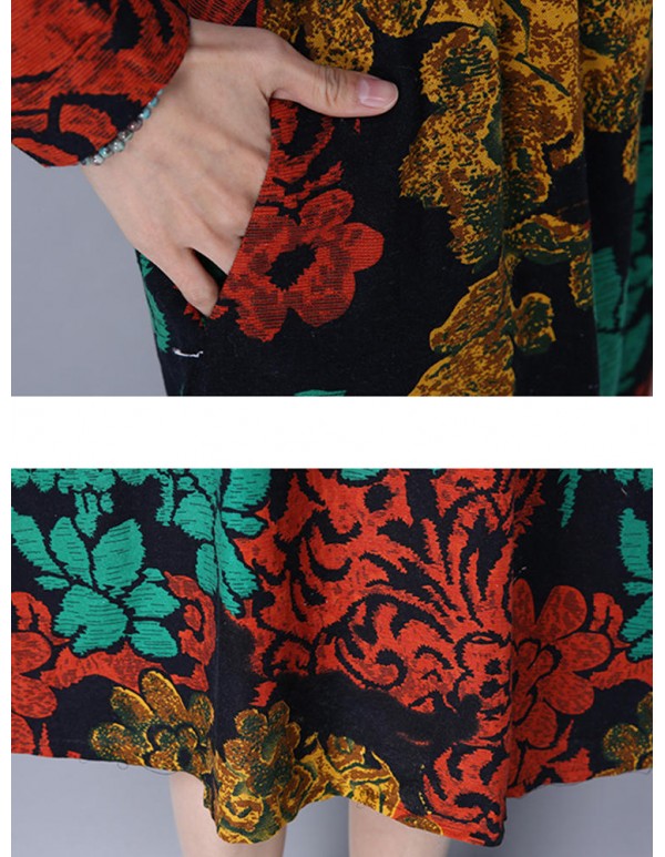 Vintage Women Plus Size Floral Print Stand Collar Long Sleeve Dress