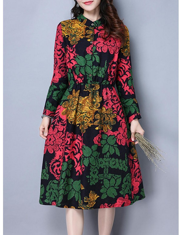 Vintage Women Plus Size Floral Print Stand Collar Long Sleeve Dress