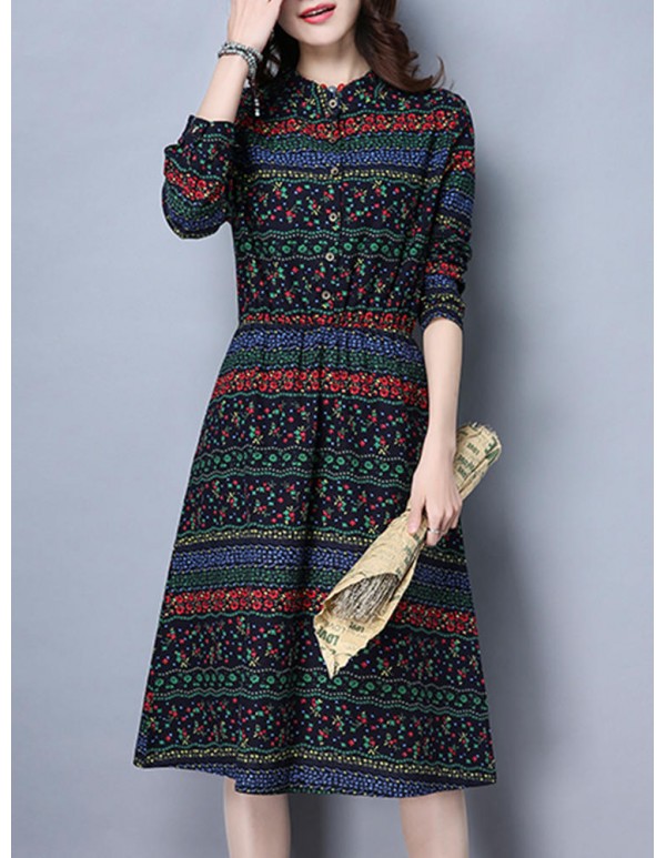 Vintage Women Floral Printed Slim Waist Stand Collar Long Sleeve Dress