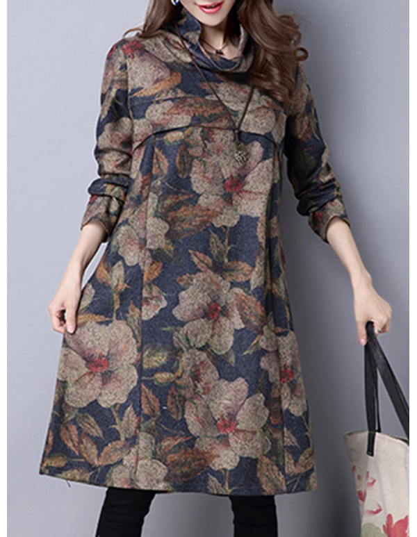 Vintage Women Floral Printed Loose High Collar Long Sleeve Dresses