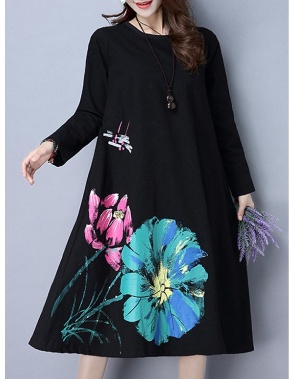 Women Long Sleeve Floral Printed Pure Color Vintage Dresses