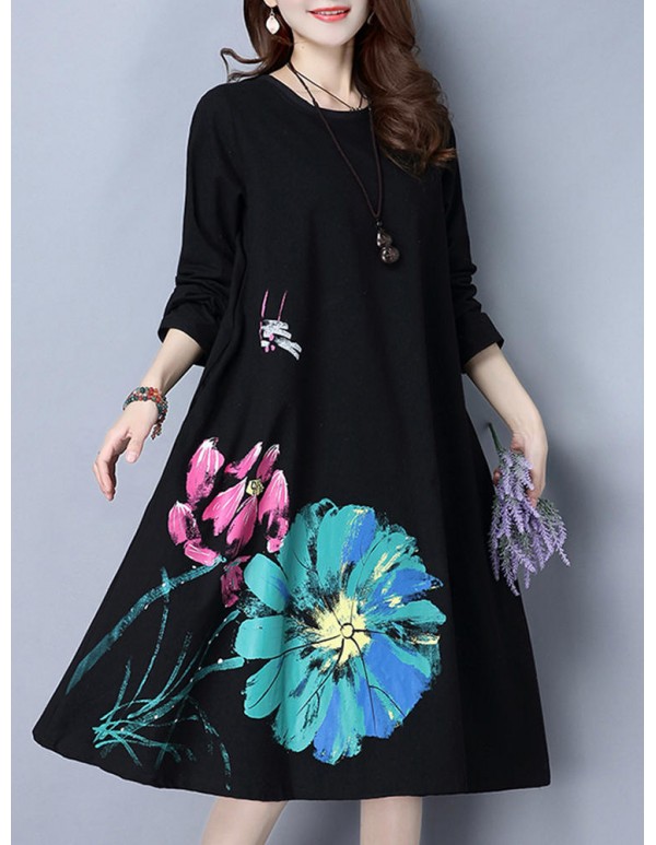 Women Long Sleeve Floral Printed Pure Color Vintage Dresses