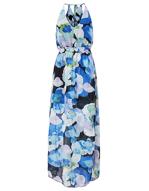 Women Chiffon V-Neck Spaghetti Strap Backless Floral Printed Maxi Dress