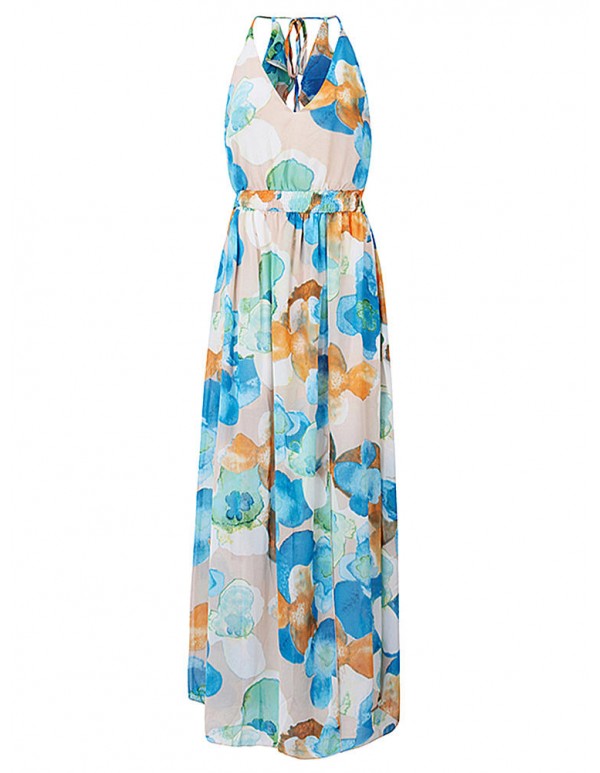 Women Chiffon V-Neck Spaghetti Strap Backless Floral Printed Maxi Dress