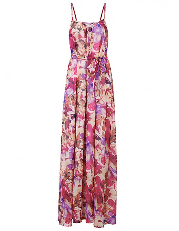 Women Summer Chiffon Spaghetti Strap Printed Loose Maxi Dress