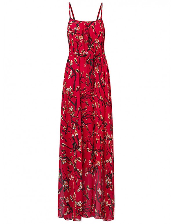 Women Summer Chiffon Spaghetti Strap Printed Loose Maxi Dress