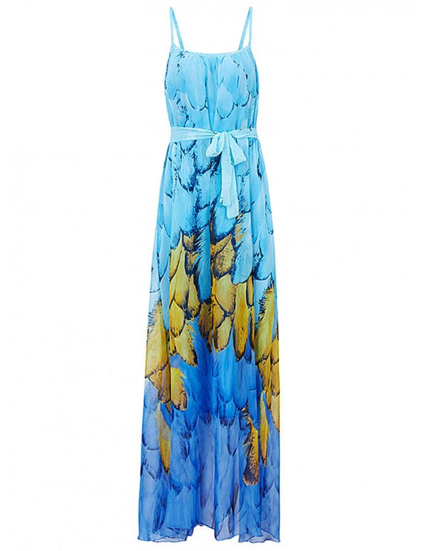 Women Summer Chiffon Spaghetti Strap Printed Loose Maxi Dress