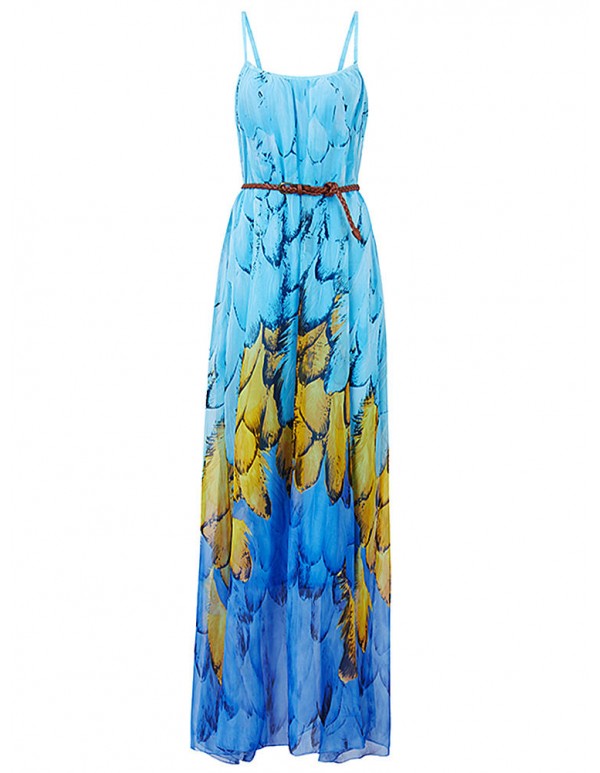 Women Summer Chiffon Spaghetti Strap Printed Loose Maxi Dress