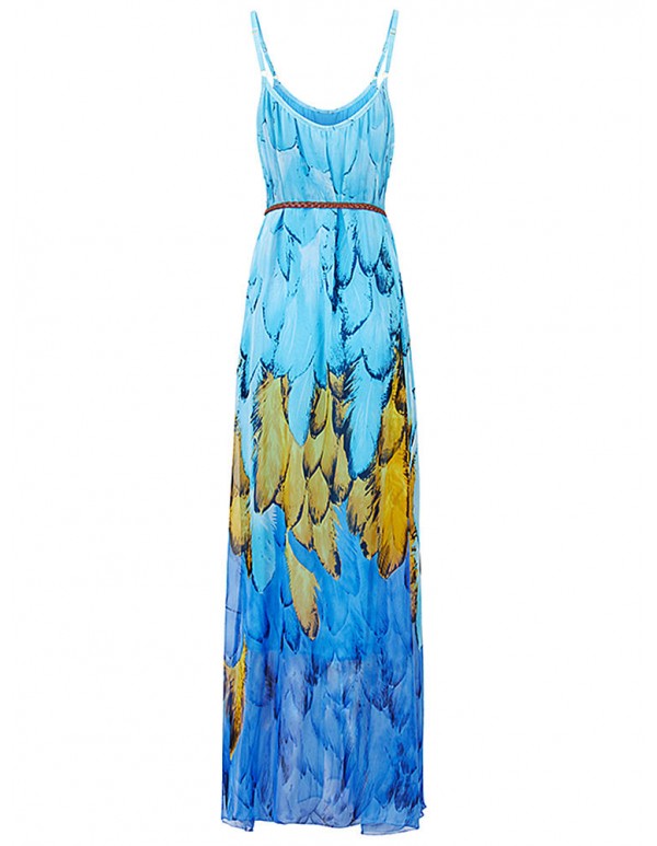 Women Summer Chiffon Spaghetti Strap Printed Loose Maxi Dress