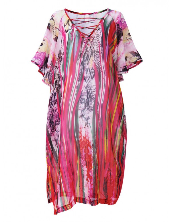 Women Short Sleeve V-Neck Printed Side Split Summer Chiffon Beach Dress