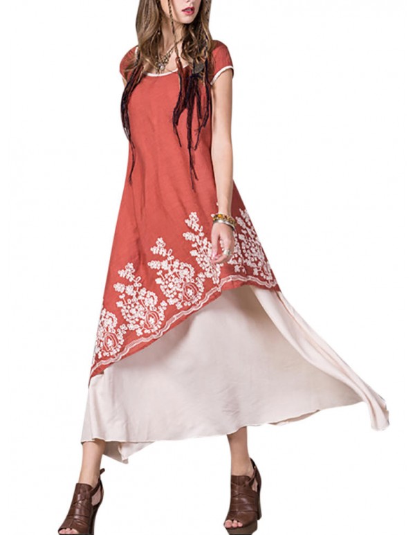 Floral Embroidered O-Neck Short Sleeve Layered Dress For Women