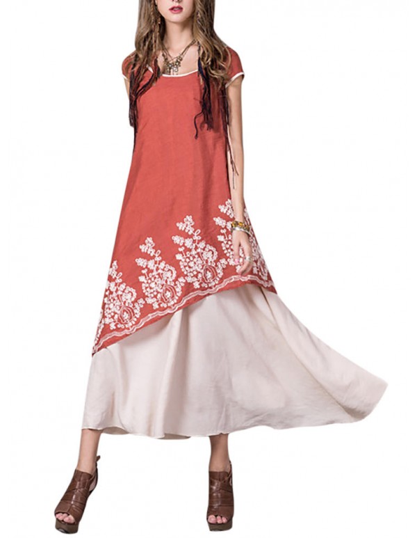 Floral Embroidered O-Neck Short Sleeve Layered Dress For Women