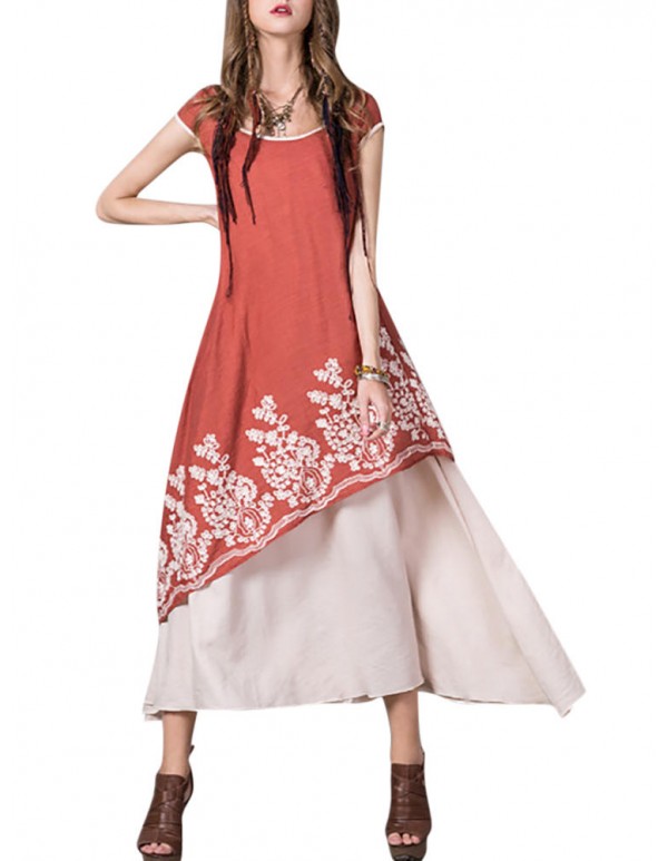 Floral Embroidered O-Neck Short Sleeve Layered Dress For Women