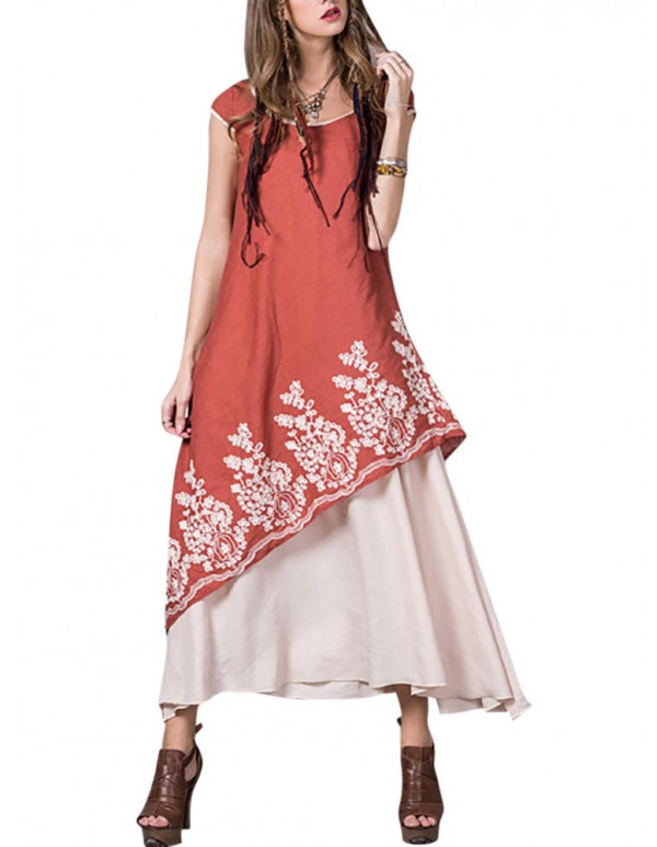 Floral Embroidered O-Neck Short Sleeve Layered Dress For Women