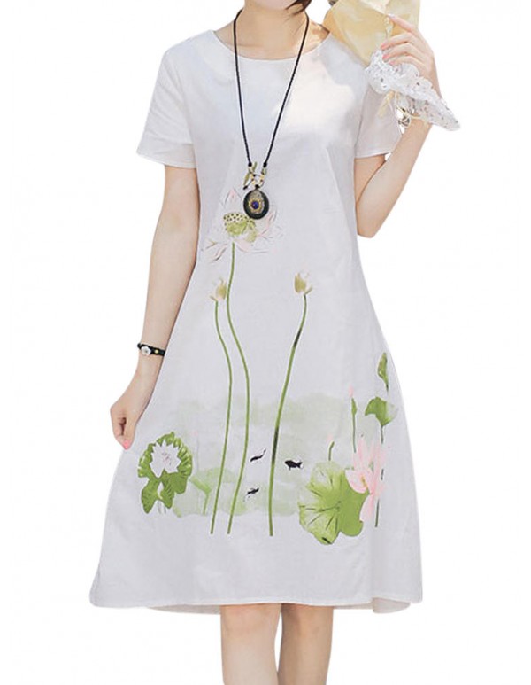 Women Printed Short Sleeve Pocket Summer Mid Dresses