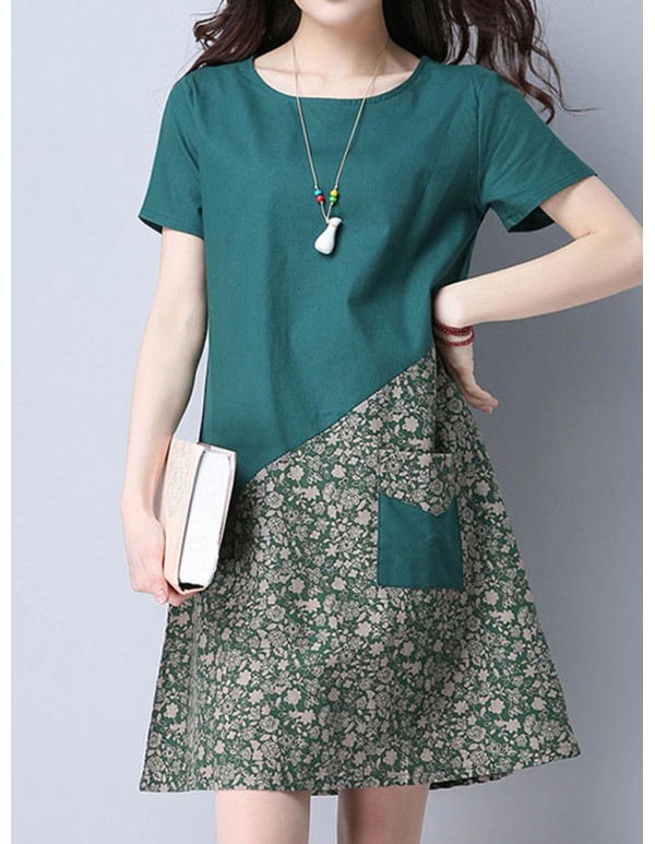 Vintage Women O-neck Pocket Floral Patchwork Loose Dresses