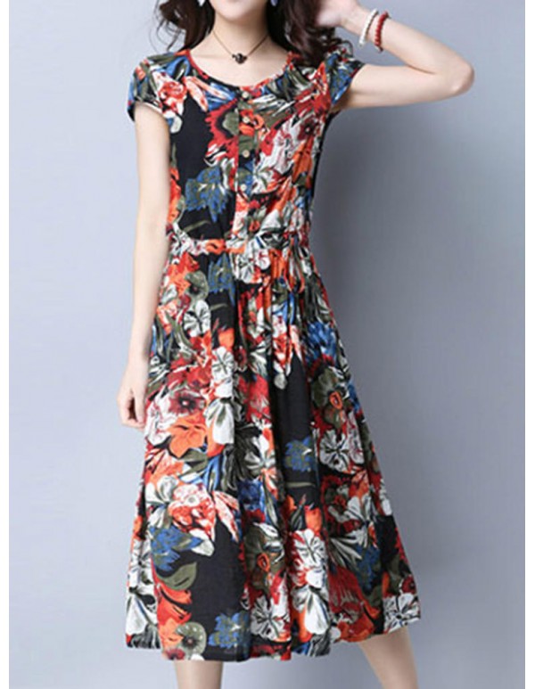 Women Vintage Floral Printed Short Sleeve Elastic Waist Dresses