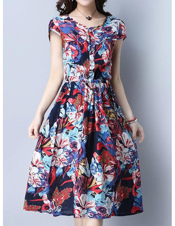 Women Vintage Floral Printed Short Sleeve Elastic Waist Dresses