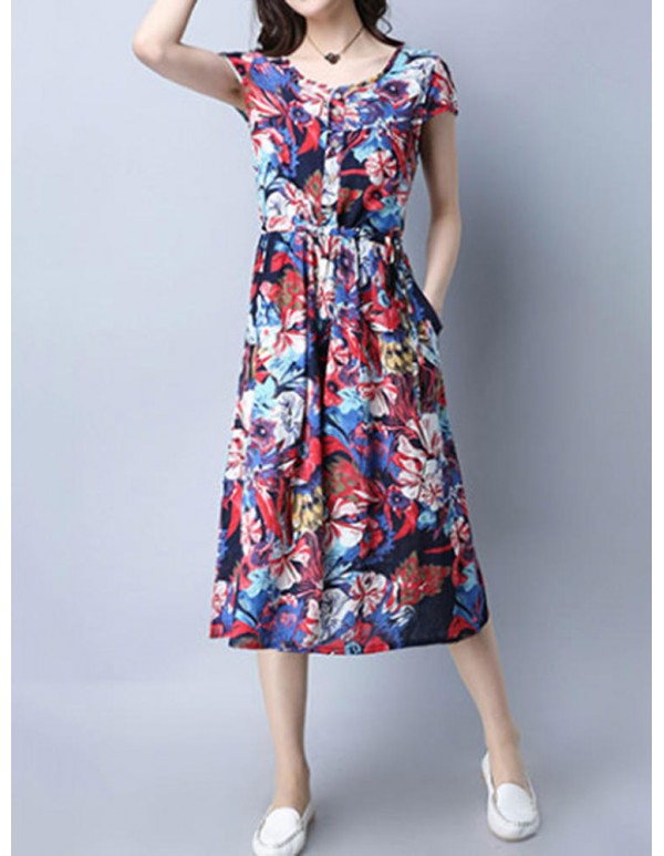 Women Vintage Floral Printed Short Sleeve Elastic Waist Dresses