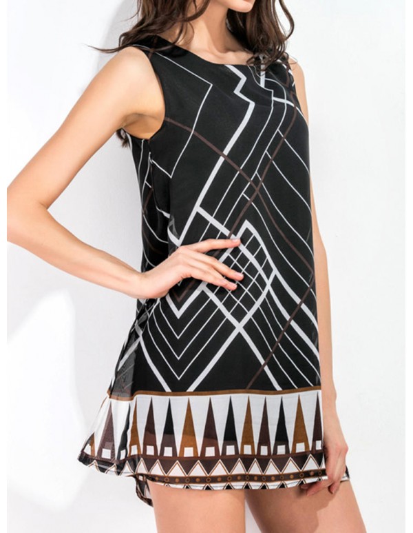 Women Sexy Geometry Print Sleeveless Dresses O-Neck A-Line Mini Dress