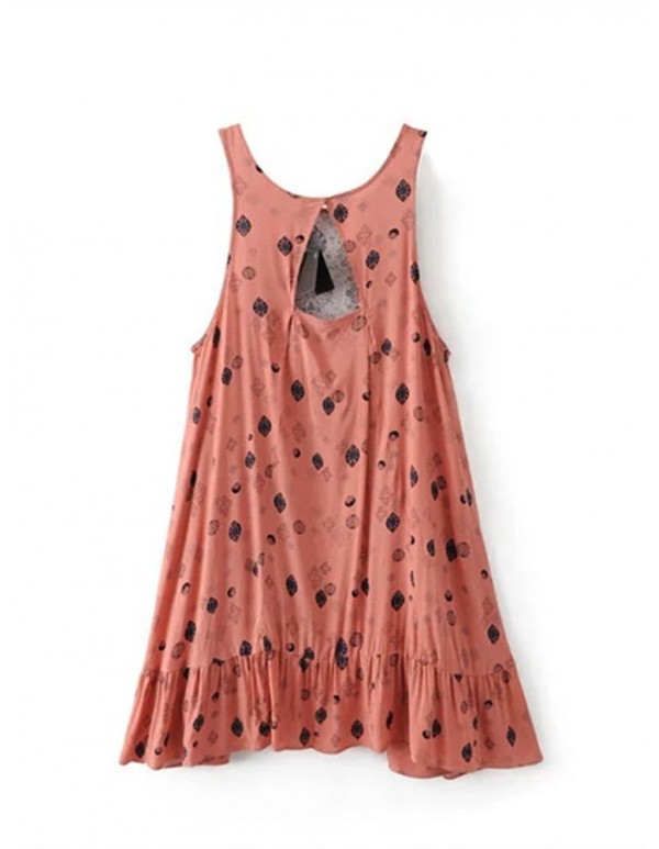 Women Printed Back Hollow Dresses Sleeveless Mini Dress